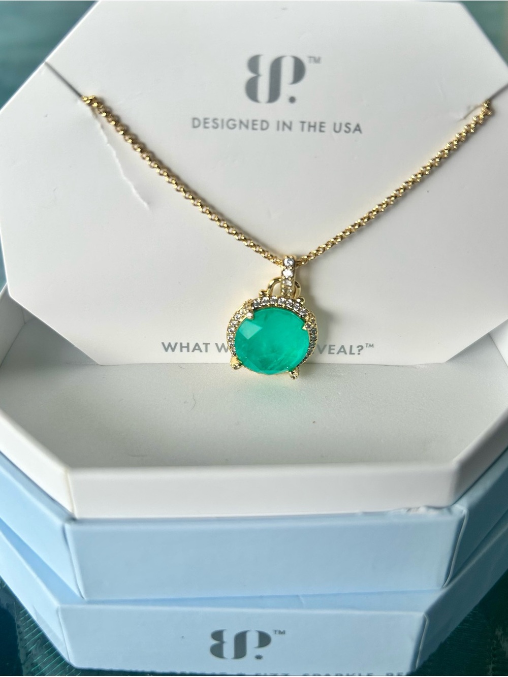 bp OG Gold plated Necklace lab created blue aragonite fused with genuine quartz